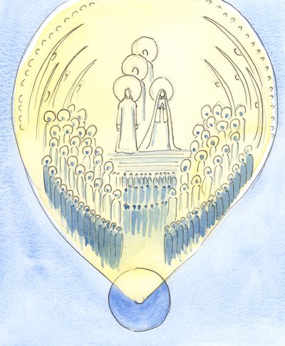 Himmelriket, där Gud regerar i härlighet, sträcker sig så långt som till jorden: till varje plats, eller varje själ, där Guds vilja sker, 2004 (w/c på papper) av Elizabeth Wang