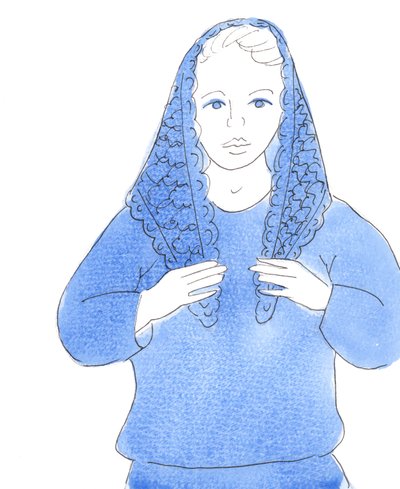 Herren bad mig att rita en bild av en kvinna som bär sin mantilla i kyrkan enligt gammal sed, 2004 (akvarell på papper) av Elizabeth Wang