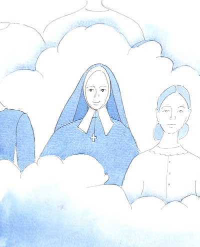 Herren visade mig den heliga Bernadette, som efter sitt korta och plågsamma liv nu är lyckligt lycklig i himlen tillsammans med de andra helgonen, 2005 (akvarell på papper) av Elizabeth Wang