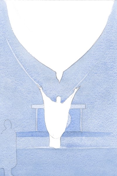 Den Helige Ande - som med utsträckta vingar - stod upprätt över Kristi huvud och tog emot hans offer i Faderns kärlek., 2001 (w/c på papper) av Elizabeth Wang