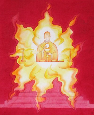 Jesu närvaro i nattvarden är som en flammande härlighetseld, 2001 (w/c på papper) av Elizabeth Wang