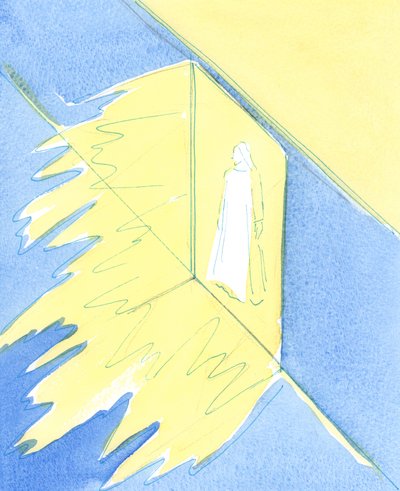 Kyrkans sakrament är som en öppen dörr, genom vilken utgjuter all Guds nåd som vi behöver för helighet och frälsning, och genom vilken vi möter Kristus., 2003 (w/c på papper) av Elizabeth Wang