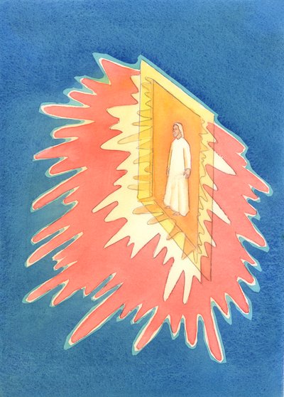 Kyrkans sakrament är som en öppen dörr, genom vilken utgjuter all Guds nåd som vi behöver för helighet och frälsning, och genom vilken vi möter Kristus., 2003 (w/c på papper) av Elizabeth Wang