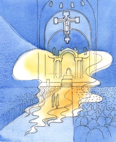 Den allhelige och majestätiska Gud som vi prisar vid mässan, genom Kristus Hans Son, är närvarande här, 2003 (w/c på papper) av Elizabeth Wang