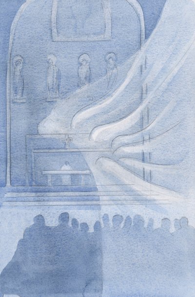 Änglarna avgudar Kristus i den heliga eukaristin, 2001 (w/c på papper) av Elizabeth Wang