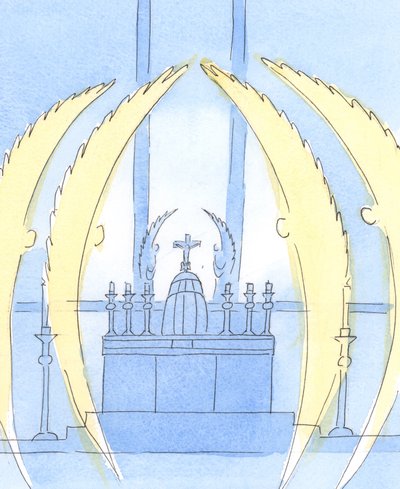 Änglarna "vaktar" Herren, som är närvarande i tabernaklet i det heliga sakramentet, 2004 (w/c på papper) av Elizabeth Wang