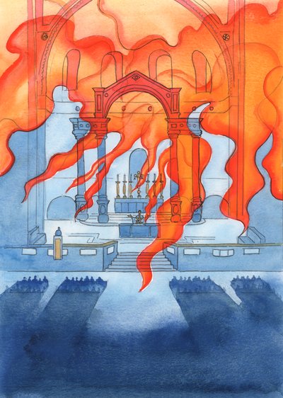Kyrkan eller katedralen där katoliker ber vilar i Guds omsorg, 2003 (w/c på papper) av Elizabeth Wang