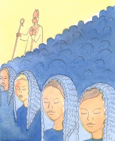 Att täcka och avtäcka huvudet är viktigt för Bishops, 2004 (w/c på papper) av Elizabeth Wang