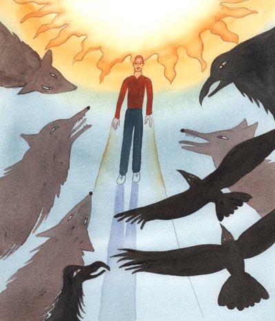 Den onde är på jobbet och gör allt han kan för att skrämma, förfölja eller sluka dem som vill älska Gud och göra gott, 2004 (w/c på papper) av Elizabeth Wang