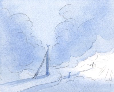 Den otåliga själen (Kristus visade mig) bygger ett högt torn, strävar efter ljus, istället för att stadigt följa den låga, smala vägen., 2001 (w/c på papper) av Elizabeth Wang