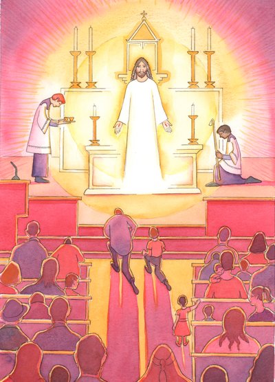 "Juvelen" i hjärtat av en katolsk kyrka är Jesus, vår gudomliga frälsare, närvarande i tabernaklet, 2004 (w/c på papper) av Elizabeth Wang
