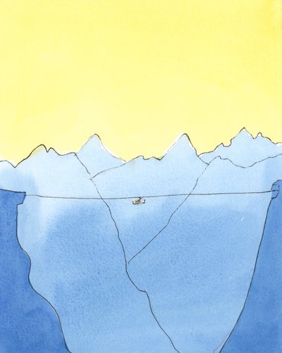 Resan från liv till död är som att vara på en linbana mellan två berg, 2004 (w/c på papper) av Elizabeth Wang