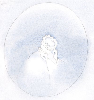 Ju mindre vi håller fast vid våra egna önskningar, desto lättare kan Kristus klä oss i sina egna dygder och skönhet., 2001 (w/c på papper) av Elizabeth Wang