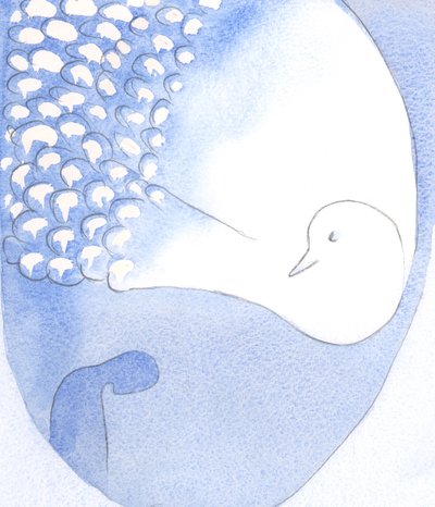 Den helige Ande - sedd som en vacker fågel med bländande vita fjädrar - är närvarande och verkar i oss, 2001 (w/c på papper) av Elizabeth Wang