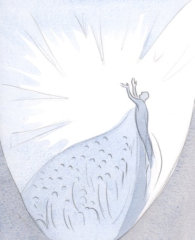 Den som samtycker (genom självförnekelse) att sväva till Fadern, förenad med Kristus i hans bön, drar in i själen alla sina älskade., 2001 (w/c på papper) av Elizabeth Wang