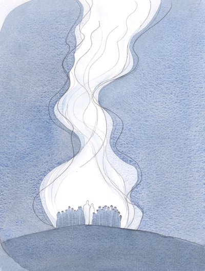 Kyrkans bön, framförd genom Jesus och med Maria, är som en navelsträng som stiger upp till Fadern och förenar oss till himlen., 2001 (w/c på papper) av Elizabeth Wang