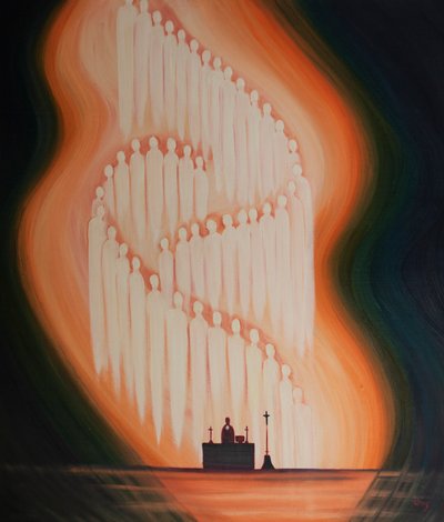 De heliga är närvarande med oss under varje mässa, 2001 (olja ombord) av Elizabeth Wang