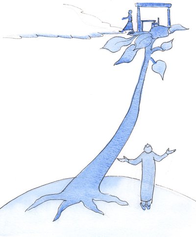 Fröet av vårt dop är tänkt att växa till en mäktig växt och ta oss till det andliga livets höjder, så att det vid livets slut bara är ett kort steg till himlen., 2003 (w/c på papper) av Elizabeth Wang