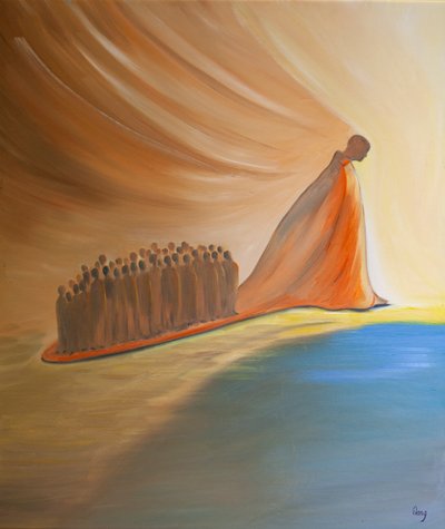 Den själ som älskar Kristus drar med sig andra på sitt tåg, när den fullföljer sin uppgift, i dopprästadömet för alla som älskar och lyder Kristus., 2001 (olja ombord) av Elizabeth Wang