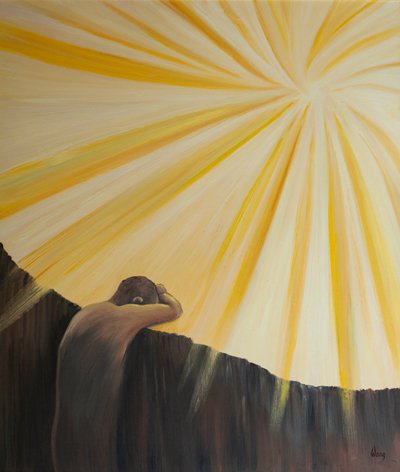 Sälseldens själar håller sig på avstånd från Gud, för tillfället, på grund av sin skam och sorg, 2001 (olja ombord) av Elizabeth Wang