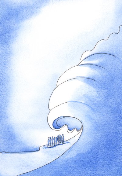 De som inte omvänder sig, om de dör i synd, kommer att finna sig svepas bort från Faderns syn som av en flodvåg, 2002 (w/c på papper) av Elizabeth Wang