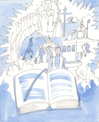 Hela den katolska tron finns i Missalet och firas i Liturgy, 2003 (w/c på papper) av Elizabeth Wang