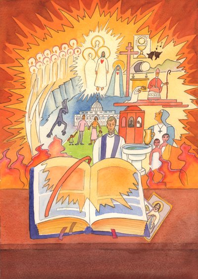 Hela den katolska tron finns i Missalet och firas i Liturgy, 2003 (w/c på papper) av Elizabeth Wang