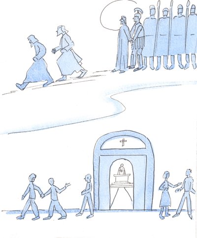 De Kristi vänner idag som inte orkar gå till mässan agerar som Kristi vänner för länge sedan, som rymde när Kristus arresterades och korsfästes., 2004 (w/c på papper) av Elizabeth Wang