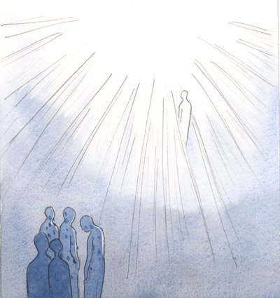 De som vägrar att omvända sig från allvarlig synd och dör, kan inte komma in i himlen; men de heliga själarna, som är öppna för Kristi barmhärtighet, kommer in i himlen när de väl har blivit renade., 2001 (w/c på papper) av Elizabeth Wang