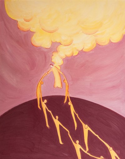 Genom sin himmelsfärd ger Kristus en kraftfull länk mellan människor och Gud eftersom han är både sann Gud och sann människa, 2002 (olja ombord) av Elizabeth Wang
