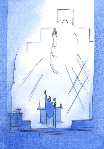Genom varje biskop som är i gemenskap med påven, helgar, undervisar och vägleder Gud Fadern oss, 2002 (w/c på papper) av Elizabeth Wang