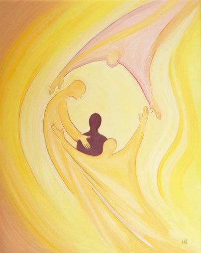 Genom tro, dop och kärleksfull lydnad tar vi del av den heliga treenighetens liv, 2002 (olja ombord) av Elizabeth Wang