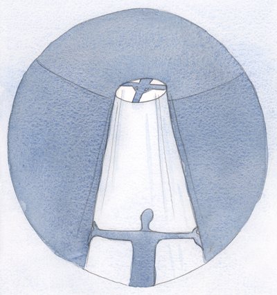 Genom våra uppoffringar, förenade med Kristi, skapas en kanal genom vilken himlens ljus kan strömma ner över de behövande., 2001 (w/c på papper) av Elizabeth Wang