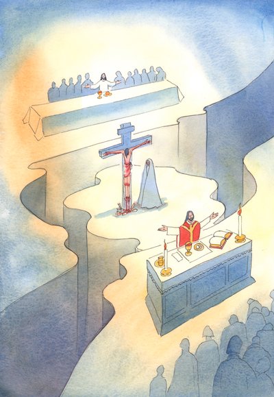 Genom nattvarden, som instiftades vid den sista måltiden, presenteras Golgataoffer på nytt i varje generation, 2001 (w/c på papper) av Elizabeth Wang