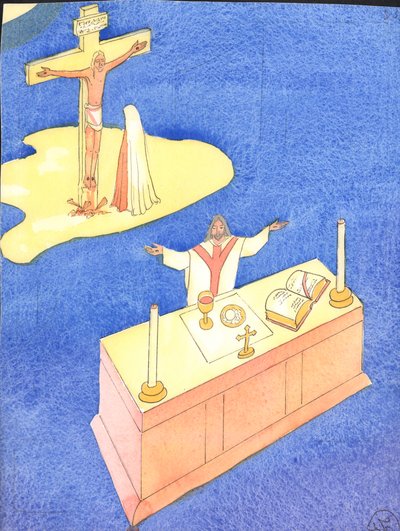 Genom nattvarden, som instiftades vid den sista måltiden, presenteras Golgataoffer på nytt i varje generation, 2001 (w/c på papper) av Elizabeth Wang