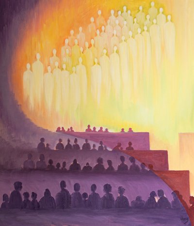 Genom den helige Ande förenas vi vid mässan med helgonen och änglarna i ett lovprisningsoffer, 2000 (olja ombord) av Elizabeth Wang