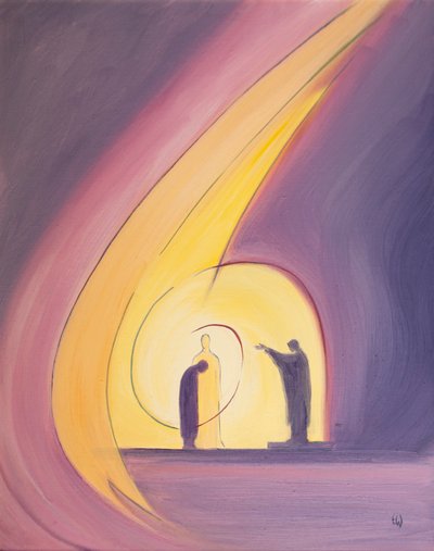 Genom välsignelsen i slutet av mässan är vi omslutna av den heliga treenighetens liv, 2001 (olja ombord) av Elizabeth Wang