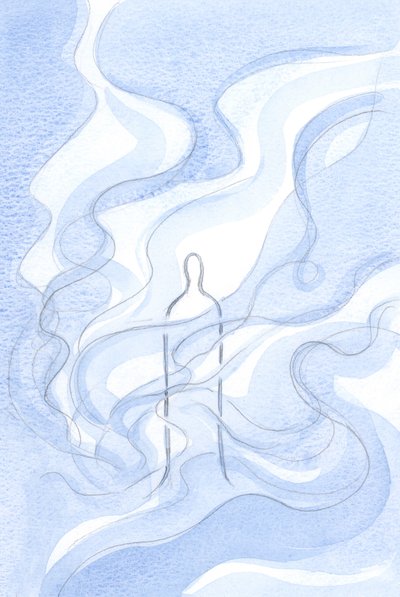 Vi är inbjudna att bära kärlekens rena eld, som är Gud, i omfamningen av någon som vi själva: Guds Son, vår Frälsare., 2001 (w/c på papper) av Elizabeth Wang