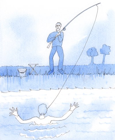 Vi har rätt att vara snälla mot alla, men om vi är kloka kommer vi att fatta kloka beslut när det gäller att hantera någon som inte bryr sig om oss och "leker" med våra känslor som med en fisk på en lina, 2005 (akvarell på papper) av Elizabeth Wang