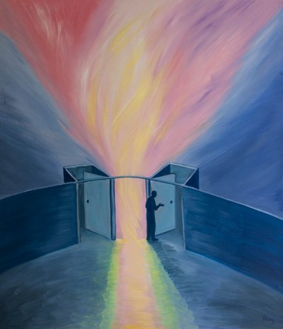 Vi kan bara hitta Gud i nuet, och inte genom att förlora oss själva i det förflutna eller framtiden, 2001 (olja ombord) av Elizabeth Wang