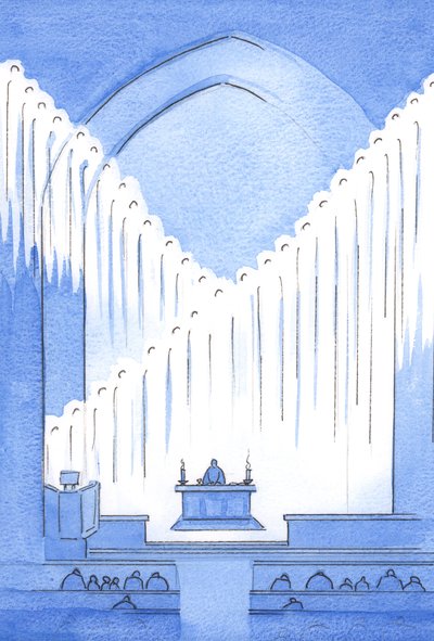 Vi gör klokt i att hälsa de heliga änglarna som, på vakt och ber, fyller den heliga platsen som är vår helgedom, 2002 (w/c på papper) av Elizabeth Wang