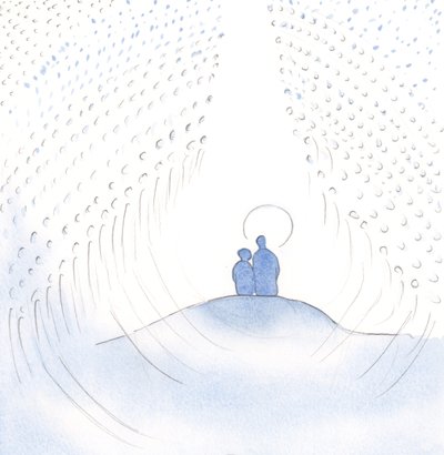 Vi satt i bön tillsammans. Jag såg himlens stora skara som tillber Gud oupphörligt, i och genom Kristus, vår Frälsare, 2000 (w/c på papper) av Elizabeth Wang