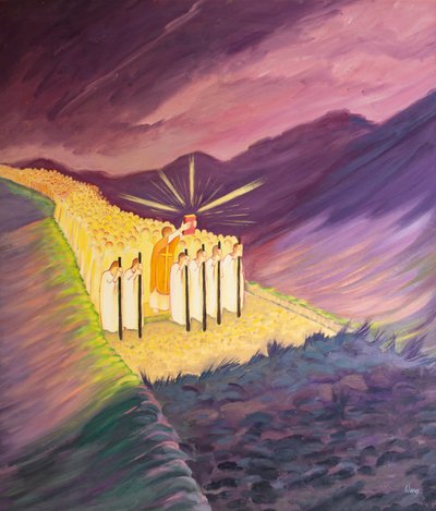 Vi vandrar i den heliga traditionen, vägledd av de heliga skrifterna och kyrkans lära, 2001 (olja ombord) av Elizabeth Wang