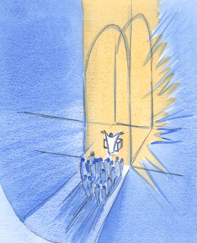 Vi som står framför altaret har blivit samlade här av Gud själv. Vi lever i hans härliga vänskap, Kristus mitt ibland oss, 2002 (w/c på papper) av Elizabeth Wang