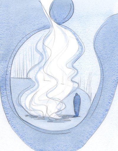Vilken nådens eld, när vi avslöjar och ställer inför Kristus alla våra fel och svagheter., 2001 (w/c på papper) av Elizabeth Wang