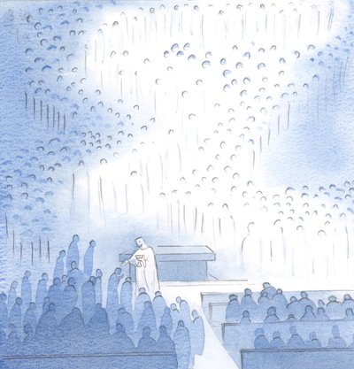 Vilken frid ges av Kristus, i nattvarden, med det stora sällskapet av änglar och helgon samlade här i glädje, 2000 (w/c på papper) av Elizabeth Wang