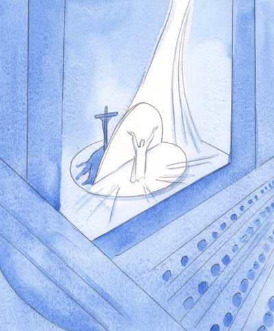 När Kristus verkligen är närvarande framför oss, i det heliga offret, är vi närvarande i hela hans liv, som är "i" honom nu, 2002 (w/c på papper) av Elizabeth Wang