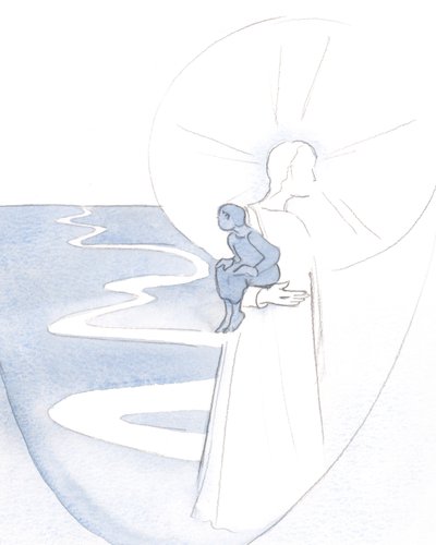 När jag litar på Kristus, i tyst bön, är jag som ett litet barn som bärs i sin vitalitet och glädje., 2000 (w/c på papper) av Elizabeth Wang