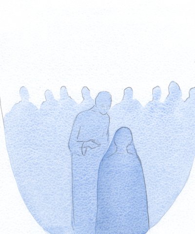 När barnet Jesus hittades i templet lutade han sig framåt och förklarade tyst för sin heliga moder (med oändlig vänlighet) att hans arbete redan hade börjat., 2001 (w/c på papper) av Elizabeth Wang