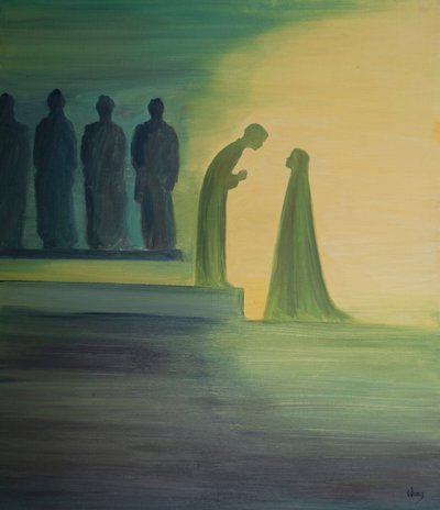 När barnet Jesus hittades i templet lutade han sig framåt och förklarade tyst för sin heliga moder (med oändlig vänlighet) att hans arbete redan hade börjat., 2001 (olja ombord) av Elizabeth Wang